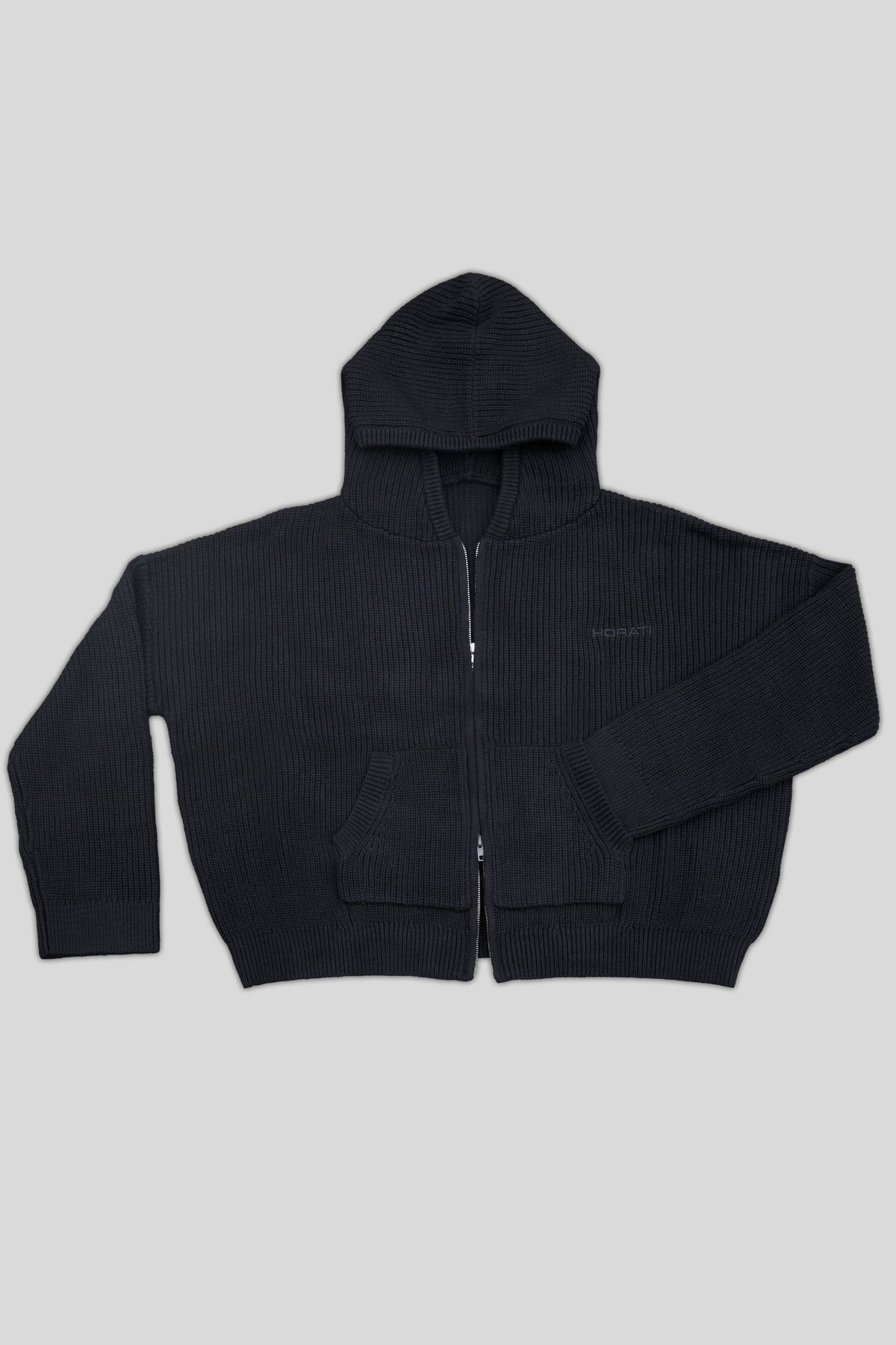 Double-Zip Knit Hoodie — Black - HORATI